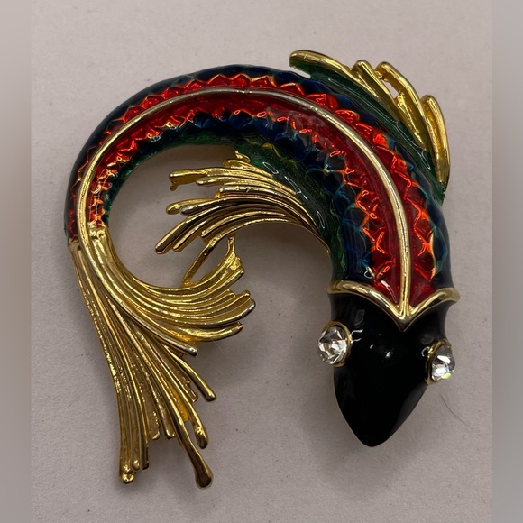 Vintage Koi Fish Gold Tone Red Blue Green Enamel Brooch Pin Clear Crystal Eyes - Picture 4 of 8